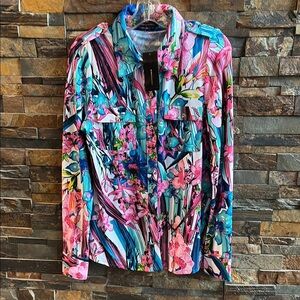 BCBG MAXAZARIA Vibrant Floral Long Sleeve Shirt LG